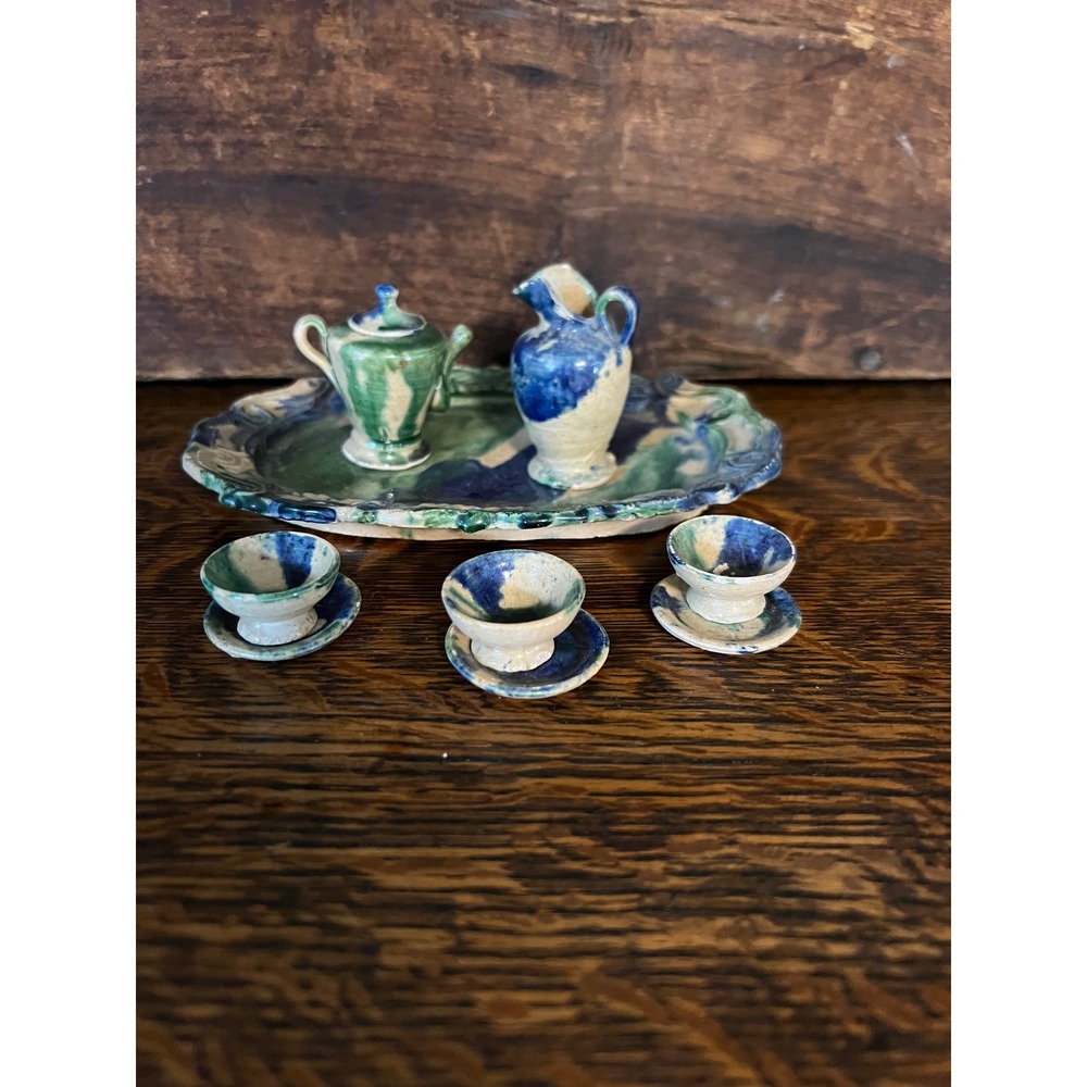 Vintage Miniature Pottery Tea Set Blue Green Splatter Glaze 9 Piece Dollhouse